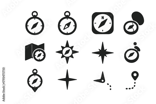 Navigation silhouette icon set. featuring compass, map, star, location, direction, and navigation symbols