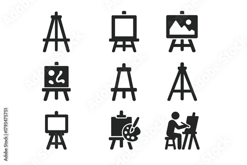 Art tools silhouette icon set. featuring canvases, easels, palettes, paintings, and artists