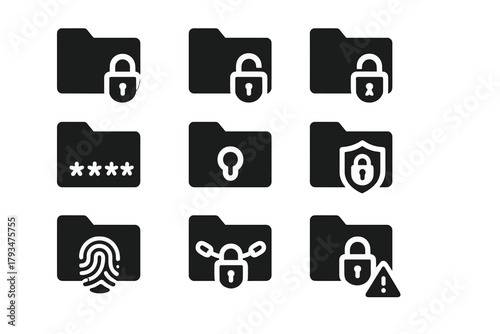 Security and privacy silhouette icon set. featuring password, lock, fingerprint, shield, and warning symbols