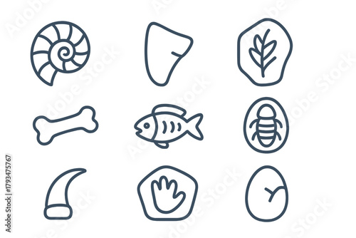 Prehistoric fossils flat icon set. featuring ammonite, tooth, leaf, bone, fish, trilobite, claw, print, egg symbols