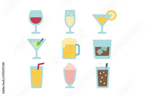 Drinks and beverages flat icon set. featuring wine, champagne, cocktail, beer, whiskey, smoothie, soda, juice.