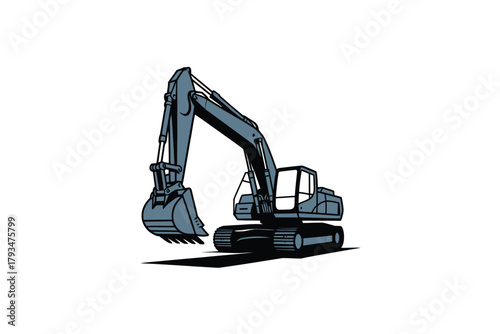 A heavy-duty excavator stands ready for construction or demolition work.