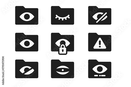 Privacy and security silhouette icon set. featuring eye, visibility, hidden, alert, and locked symbols