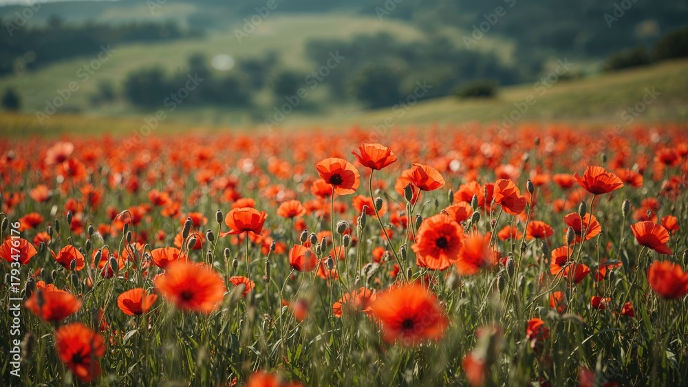 Obraz premium A field of bright red poppies in bloom with lush green hills and trees in the background.