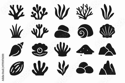A set of 20 black silhouette icons on the theme of the underwater world, the seabed, and seaweed in the style of solid black silhouette icons (solid black fill, no outlines).
