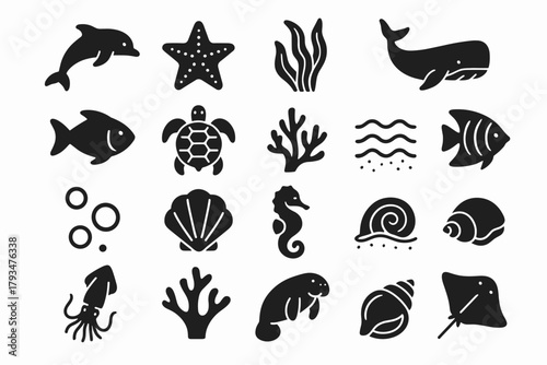 A set of 20 black silhouette icons on the theme of marine life and ocean fauna in the style of solid black silhouette icons (solid black fill, no outlines or details).