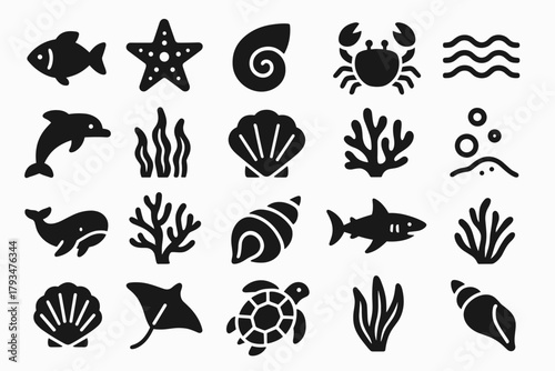 A set of 24 black silhouette icons with a nautical theme in solid black silhouette style (solid black fill, no outlines). All icons are flat, minimalistic, and vector-based.
