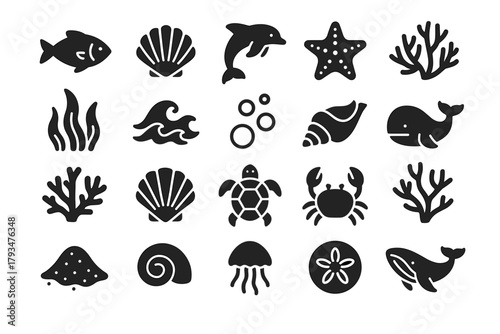 A set of 24 black silhouette icons with a nautical theme in solid black silhouette style (solid black fill, no outlines). All icons are flat, minimalistic, and vector-based.