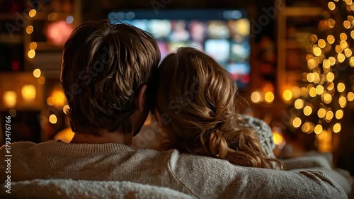 Cozy Couple Watching Movie Together on Sofa With Christmas Tree Lights and Candles