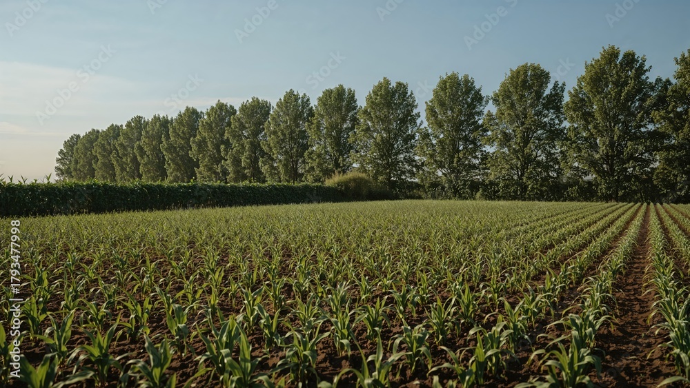 Obraz premium A large crop field with tall trees in the background under a clear sky. Agricultural landscape with rows of crops and lush greenery.