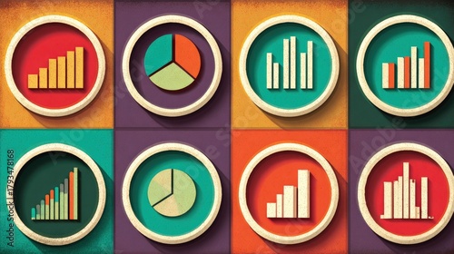 Colorful Data Visualization Icons Representing Various Statistical Information.