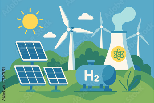 Renewable Energy Illustration – Solar, Wind and Hydrogen Power Concept