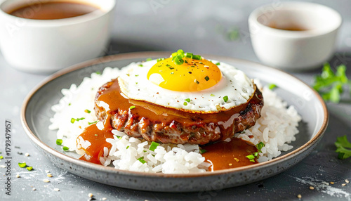 Rice topped with a hamburger patty, fried egg, and brown gravy. AI