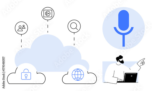 Cloud computing setup featuring data security, global connectivity, user profiles, video streaming, search functionality, and user interaction. Ideal for technology, IT, communication cloud