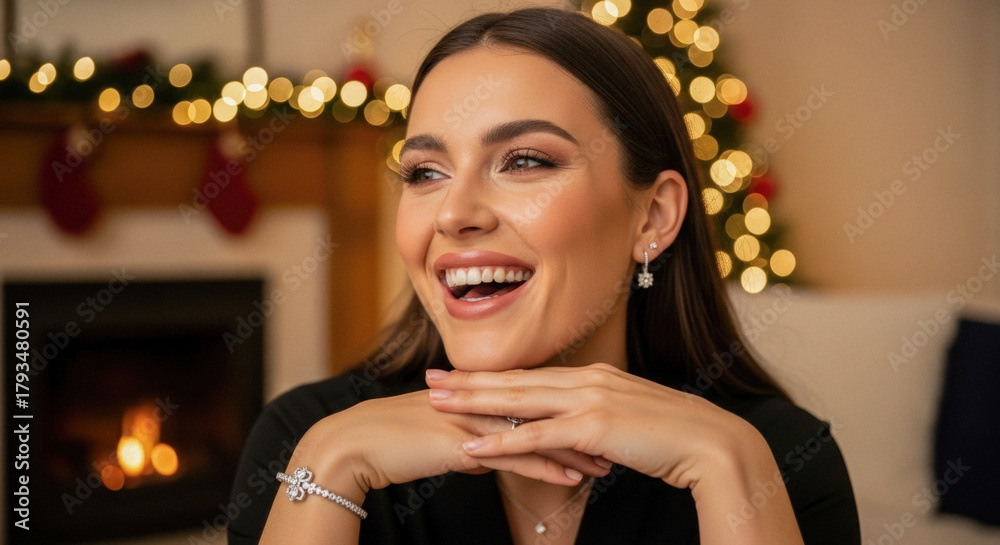 Naklejka premium Joyful young woman with radiant smile, adorned with jewelry, celebrating Christmas near a cozy fireplace and festive decorations.