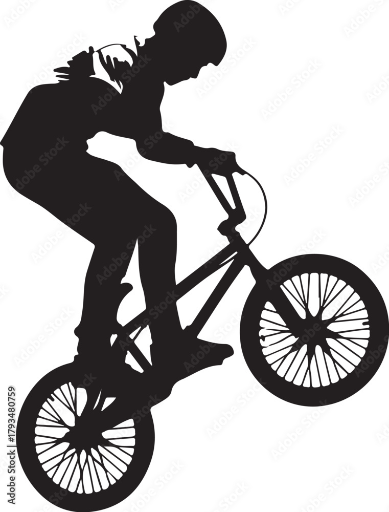 Fototapeta premium Black Silhouette of aBMX Rider Performing a Wheelie on a White Background Keywords: bmx, bicycle, bike, rider, cyclist, extreme sport, stunt, trick, wheelie, action, on transparent background