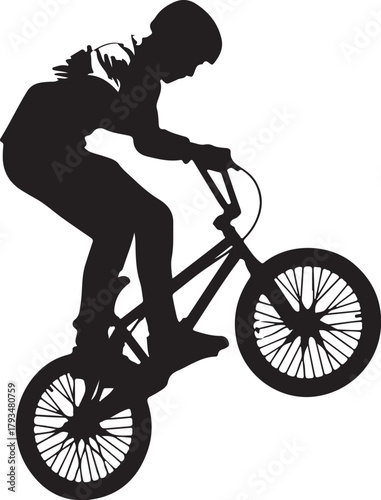 Black Silhouette of aBMX Rider Performing a Wheelie on a White Background Keywords: bmx, bicycle, bike, rider, cyclist, extreme sport, stunt, trick, wheelie, action, on transparent background