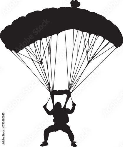 Silhouette of a skydiver descending with an open parachute on a white background skydiving falling on transparent background