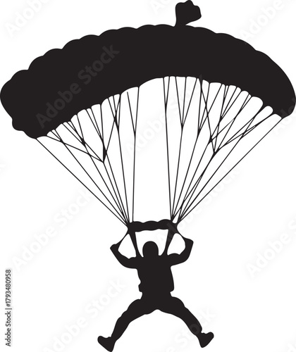 Silhouette of a skydiver descending with an open parachute on a white background skydiving falling on transparent background