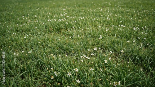 A grassy field with small white flowers scattered across, close-up shot of lush green grass.