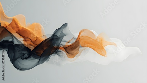 Minimalistic abstract representation of smoke in graceful grey and orange hues flowing elegantly across a white background