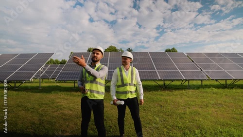 Two male engineers discussing solar panel installation project