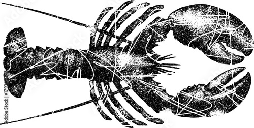 Retro xerography halftone engraving of a lobster with distressed grain and scratched texture — bold black and white vintage illustration, isolated