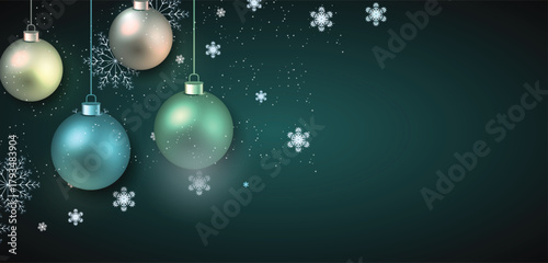 Christmas elegant backdrop, balls clip art with spiral, curve, star and snowflakes graphic design. New Year holiday colorful decor with template for design 3d objects illustrations