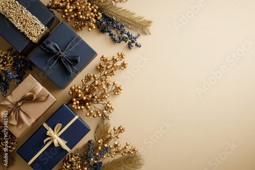Assortment of elegantly wrapped packages and decorative foliage arranged along the left border with ample copy space.