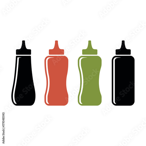 Four condiment bottles in a row, including ketchup and mustard.