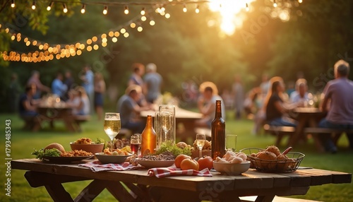 People enjoy outdoor dining with food, drinks on picnic tables under string lights. Guests mingle, relax in warm sunset glow, celebrating summer with backyard feast. Scene shows friends, family fun
