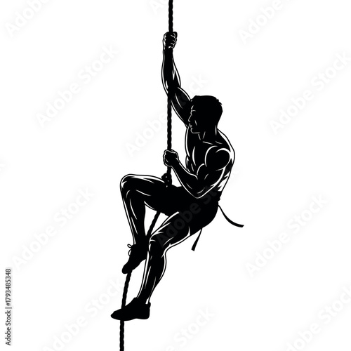 Silhouette of a man climbing a thick rope against a white background.
