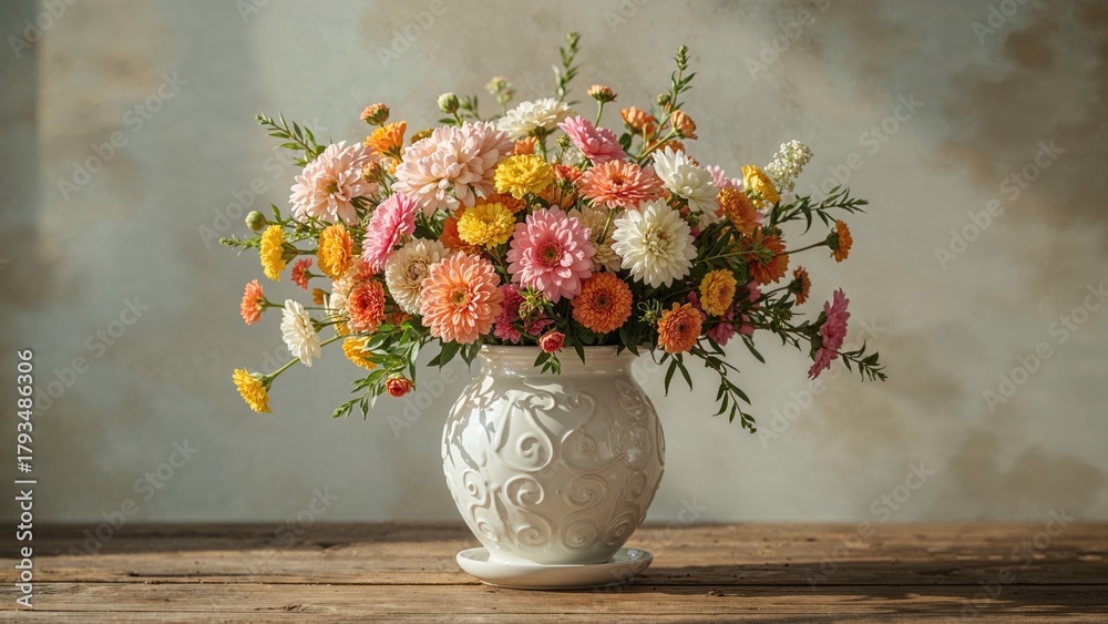 Fototapeta premium Vase of colorful flowers arranged in a white patterned vase on a wooden surface.