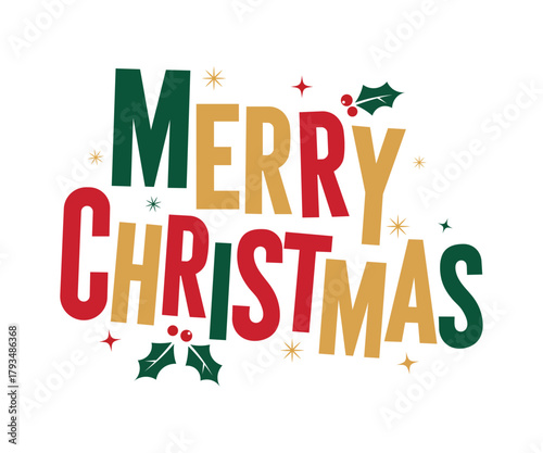 Merry christmas lettering with holly berries and stars festive holiday vector illustration for greeting card