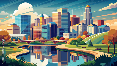 Very beautiful high-quality photo of the Omaha, Nebraska skyline along the banks of the Missouri River, USA, featuring modern skyscrapers, urban bridges, and reflective river waters under a clear sky,