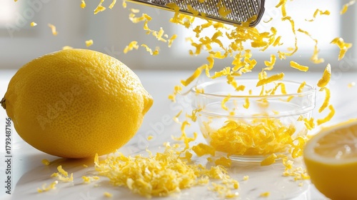 Lemon zest flying mid-air in various sizes creating yellow citrus particle cascade from grater positioned above glass bowl on marble countertop