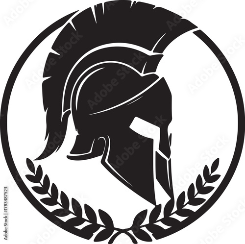 Black silhouette of a Spartan helmet with laurel wreath in a circle warrior ancient on transparent background