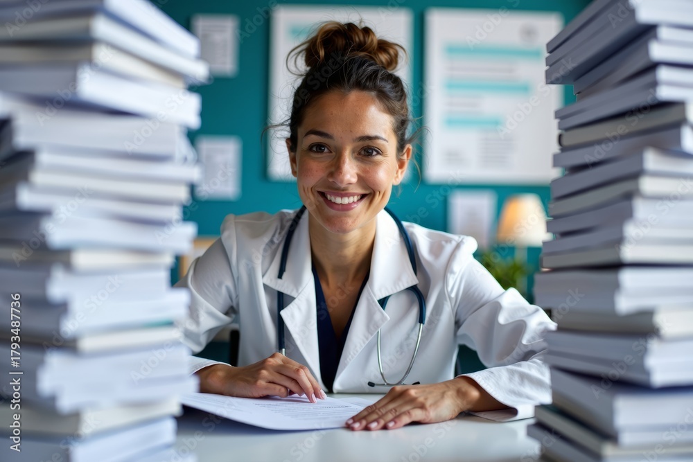 Analyzing Healthcare Costs: A Female Business Analyst Surrounded by Medical Bill Codes and Spreadsheet Data