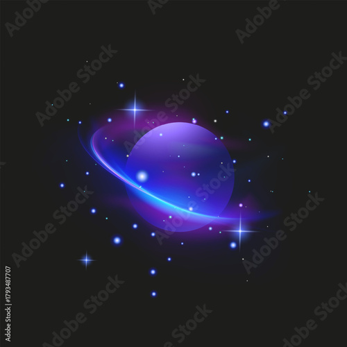 Glowing Purple Planet with Rings in Cosmic Space Neon planet with glowing rings