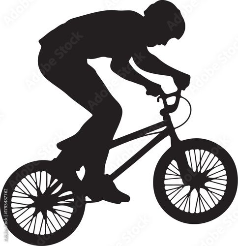 Silhouette of a person performing a trick on aBMX bicycle cyclist on transparent background