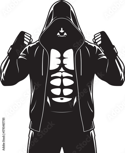 Silhouette of a muscular man in a hooded jacket with abs visible abdominal on transparent background