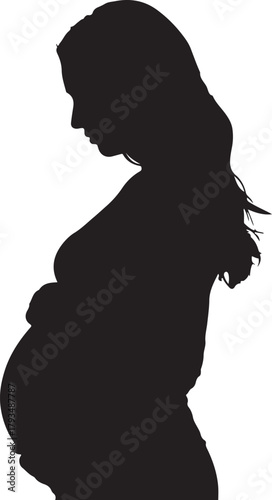Silhouette of a pregnant woman holding her belly with long flowing hair pregnancy on transparent background