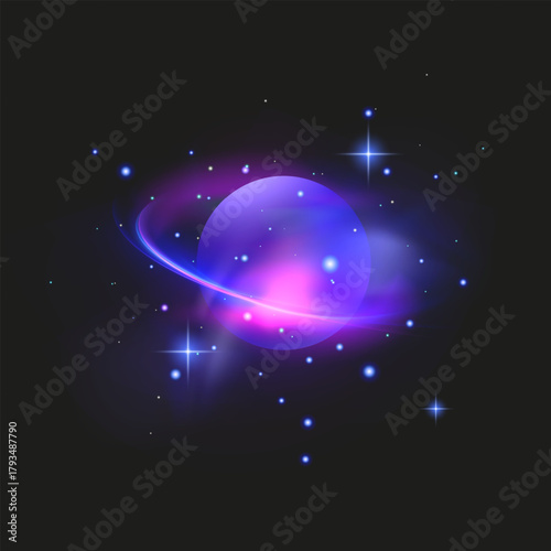 Glowing Purple Planet with Rings in Cosmic Space Neon planet with glowing rings