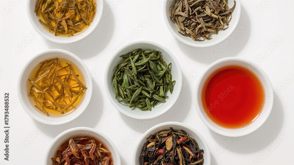 Fototapeta premium Assorted herbal teas in white bowls with different kinds of tea leaves and brewed tea.