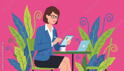Professional woman working remotely on tablet amidst bright vibrant foliage outdoors in vector illustration