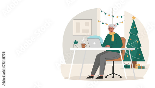 Elderly woman working remotely on laptop near a festive Christmas tree and gifts
