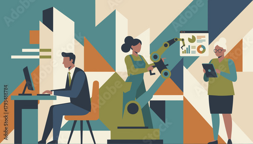 Industry professionals manage tech robotics and data analytics in a modern collaborative setting