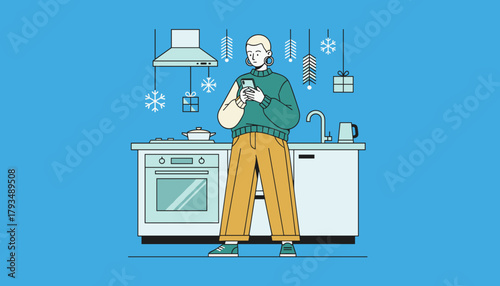 Young person uses smartphone in a modern kitchen setting decorated for the winter holidays