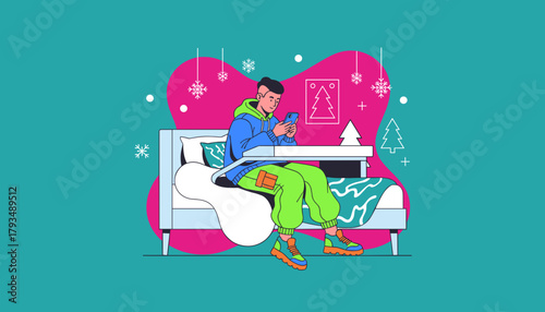 Young person uses smartphone in bed enjoying winter leisure and digital communication