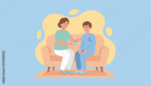 Nurse offers hot drink to a patient with a purple ribbon Home care compassion and health support